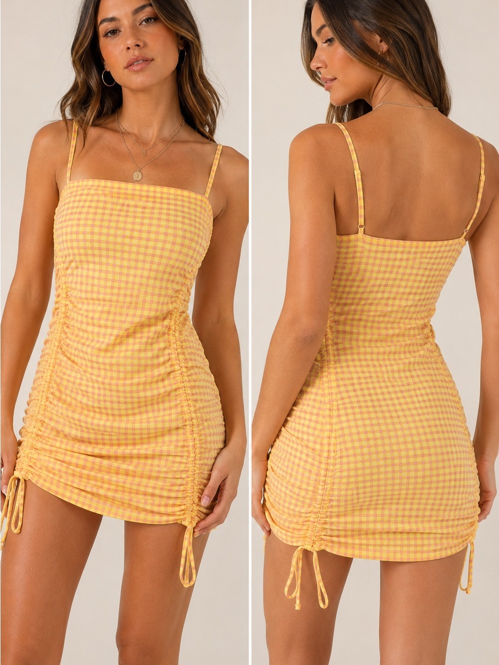 wild fable Yellow Gingham Ruched Mini Dress